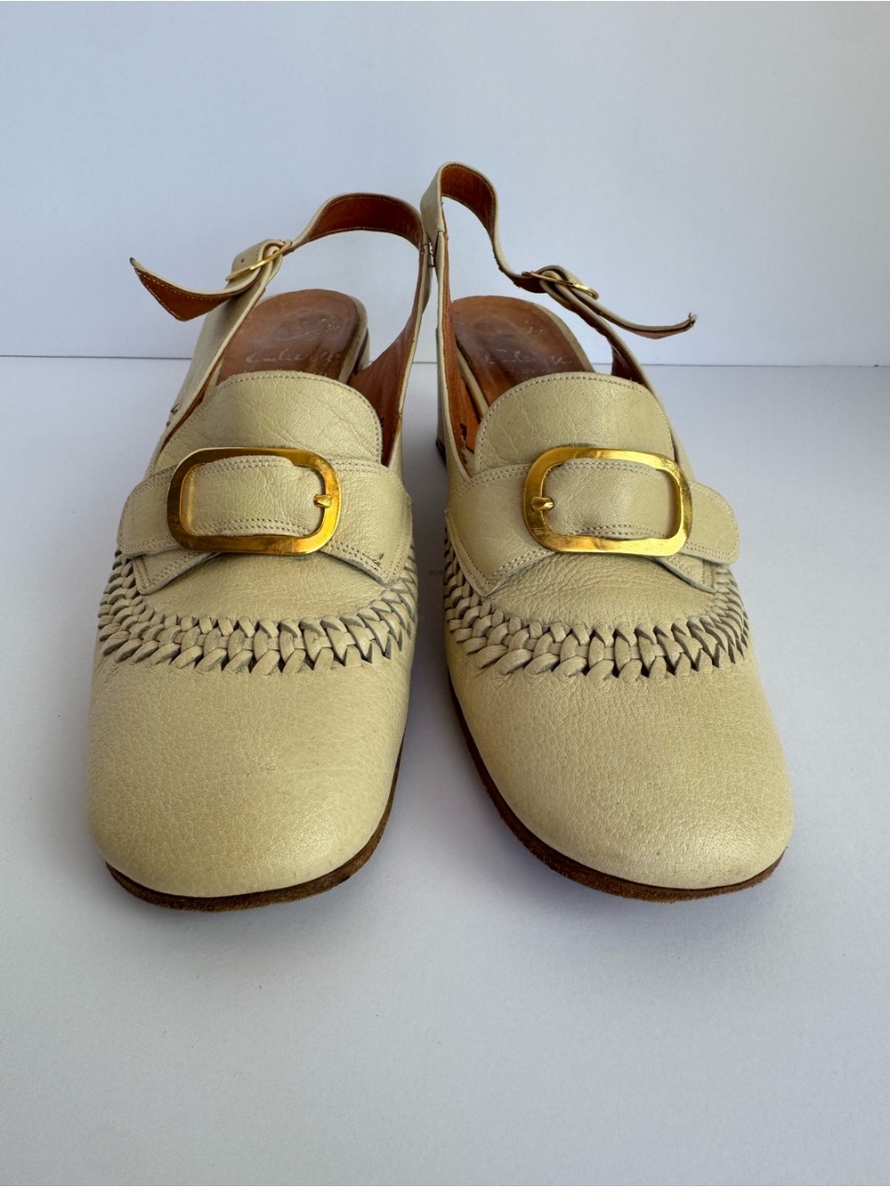 Clarks 70s Italian Leather Slingback Shoes 7.5 Narrow Block Heel Square Woven - Picture 6 of 14